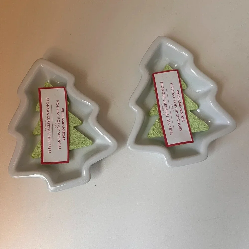Crate & Barrel Set of 2 Christmas Tree Shaped Dishes with sponge